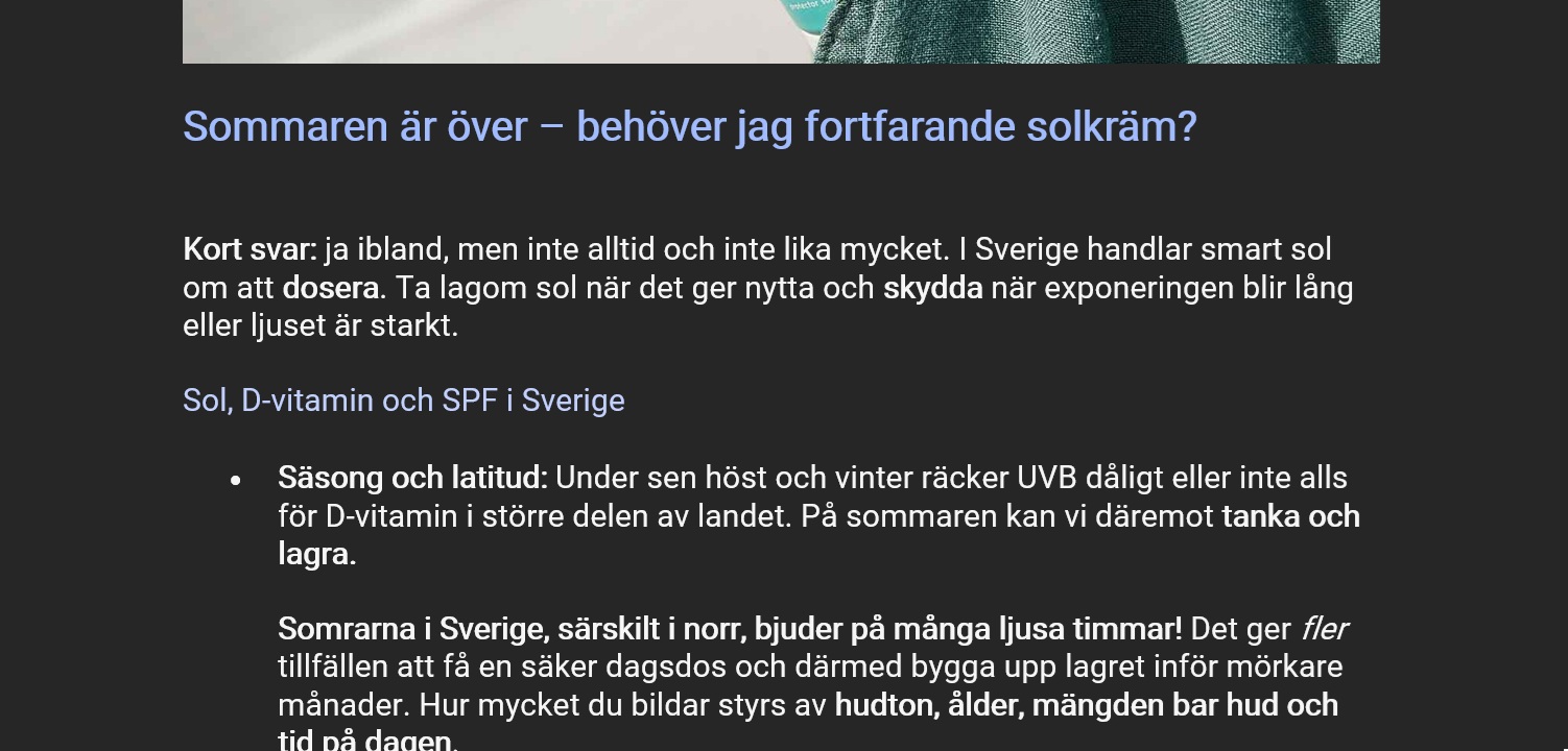 Excerpt from the Swedish client draft on sunscreen after summer (1 of 2)