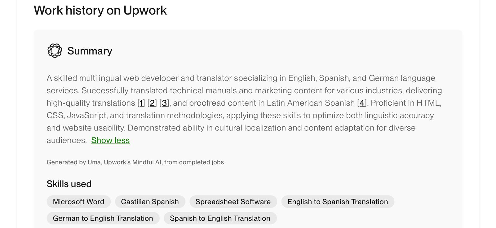 Upwork profile summary: work history, skills, and job categories
